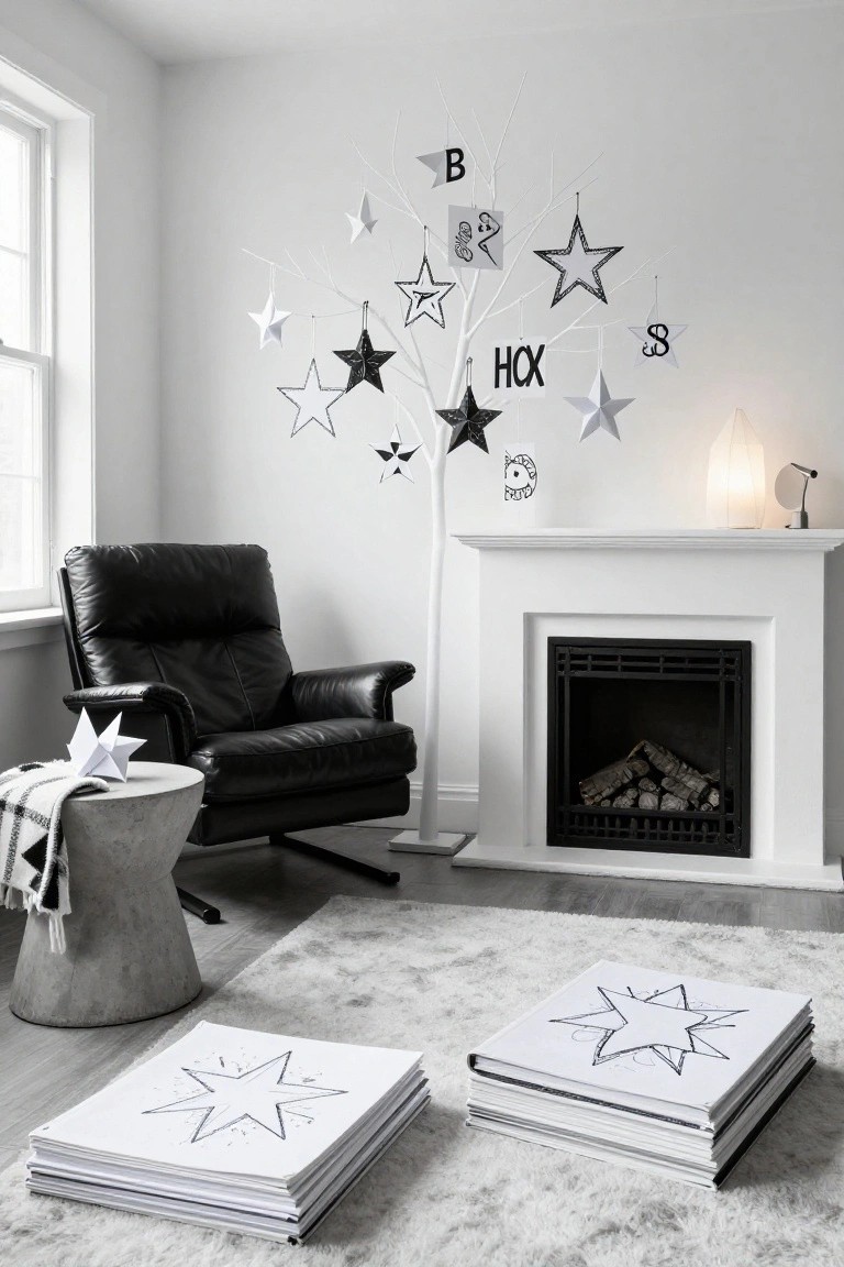 Living room corner with black leather armchair beside white fireplace, concrete side table holding plaid throw and folded paper star, stacks of large white papers outlined with black stars on gray rug, and white branches on wall hung with paper stars, glitter stars, and letter cutouts spelling HØXX.