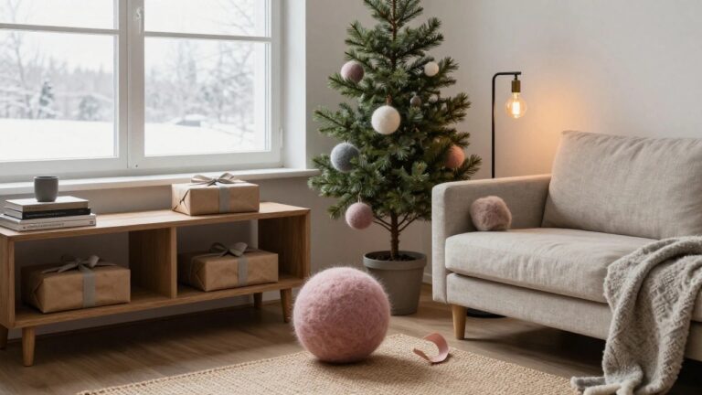 20 Unique Christmas Tree Ornament Ideas That Make a Statement A small potted Christmas tree decorated with gray and pink fuzzy felt ball ornaments stands in a living room corner next to a beige sofa, wooden shelves holding wrapped gifts, and two black floor lamps by a window.