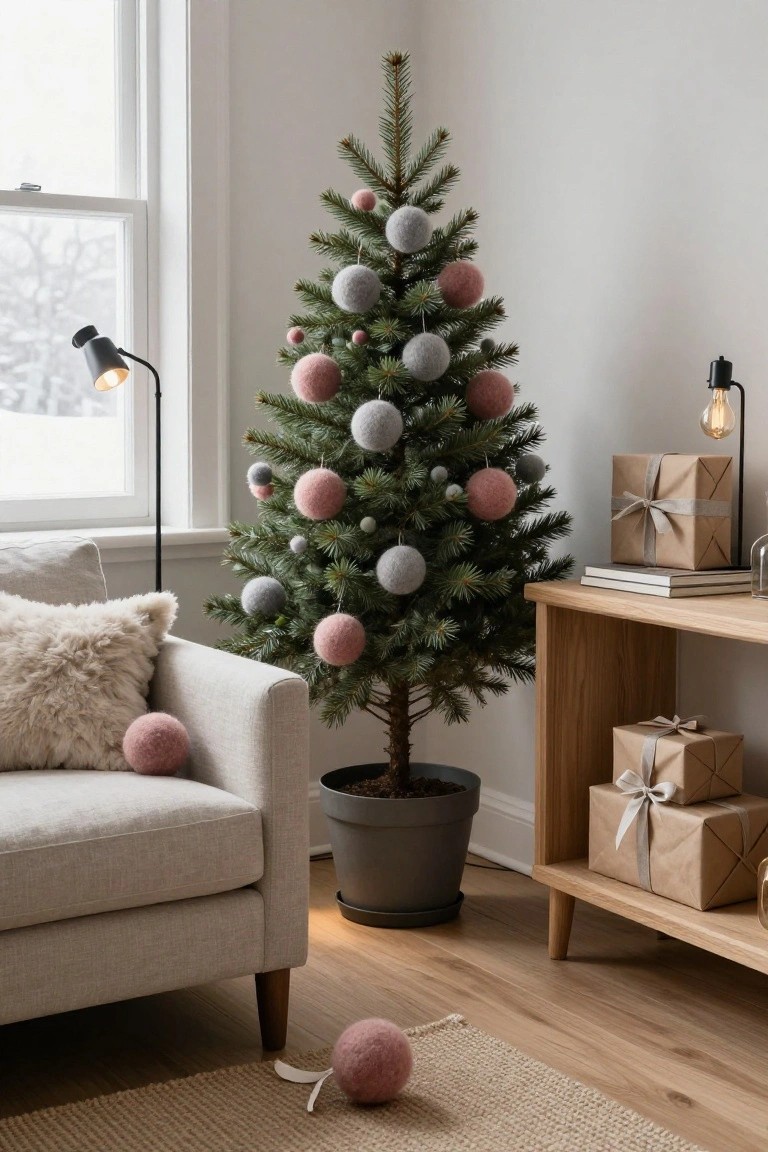 A small potted Christmas tree decorated with gray and pink fuzzy felt ball ornaments stands in a living room corner next to a beige sofa, wooden shelves holding wrapped gifts, and two black floor lamps by a window.