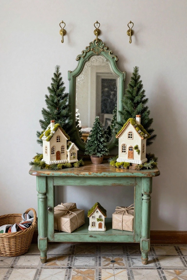 Distressed green console table topped with white ceramic houses featuring mossy roofs and attached smaller houses, flanked by mini artificial Christmas trees, a potted tree in center, wrapped gifts, and small house figurine, below ornate green mirror with brass wall sconces, wicker basket with shoes on tiled floor.