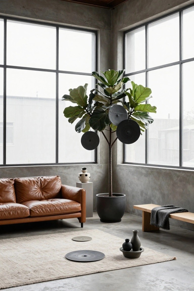 Industrial loft living room corner with tall potted ficus tree hanging black circular discs from branches, brown leather sofa on pedestal, gray bench with throw, ceramics on floor, beige rug, and large windows.