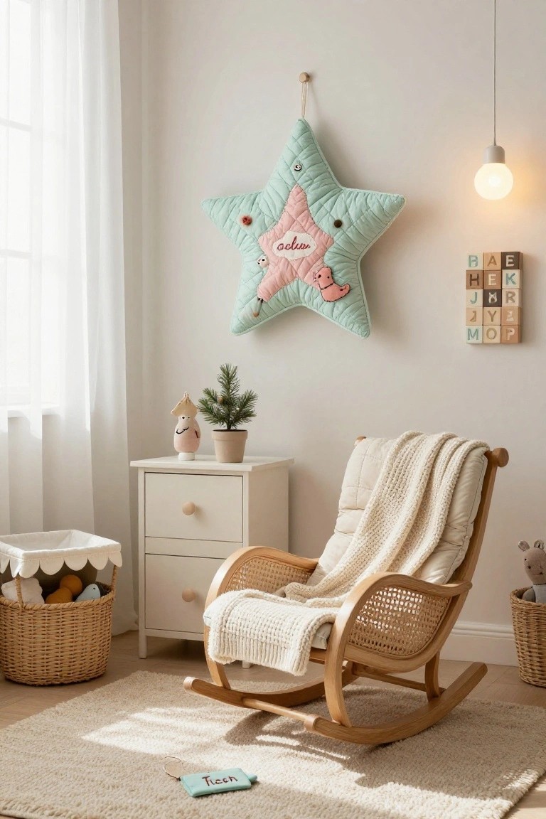 Cozy nursery room with a large teal quilted fabric star hanging on the wall embroidered with "Ola", small potted fir tree next to a figurine, white dresser, rattan rocking chair draped with cream knit blanket, wicker toy baskets, wooden alphabet blocks on wall, sheer curtains, and area rug.