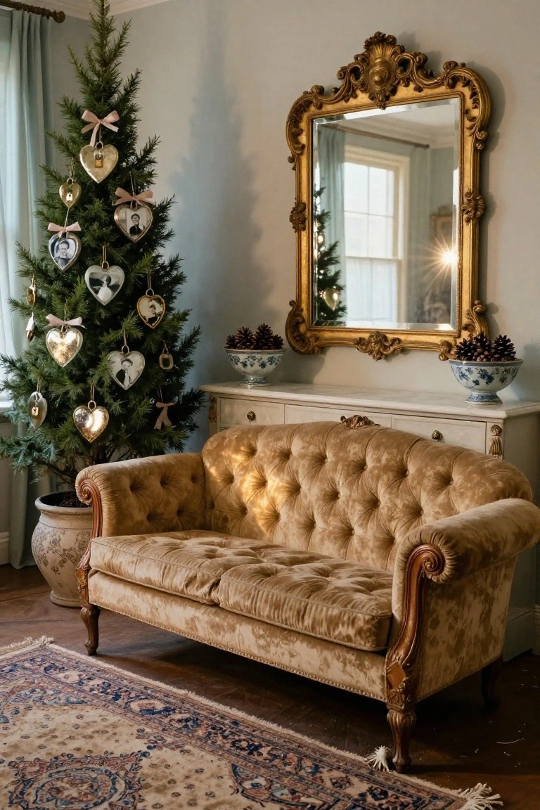 A small potted Christmas tree decorated with metallic heart-shaped photo frame ornaments, gold padlocks, ribbons, and pinecones stands in a pale blue living room beside a beige tufted sofa, ornate gold mirror, and blue-and-white bowls on a side table.