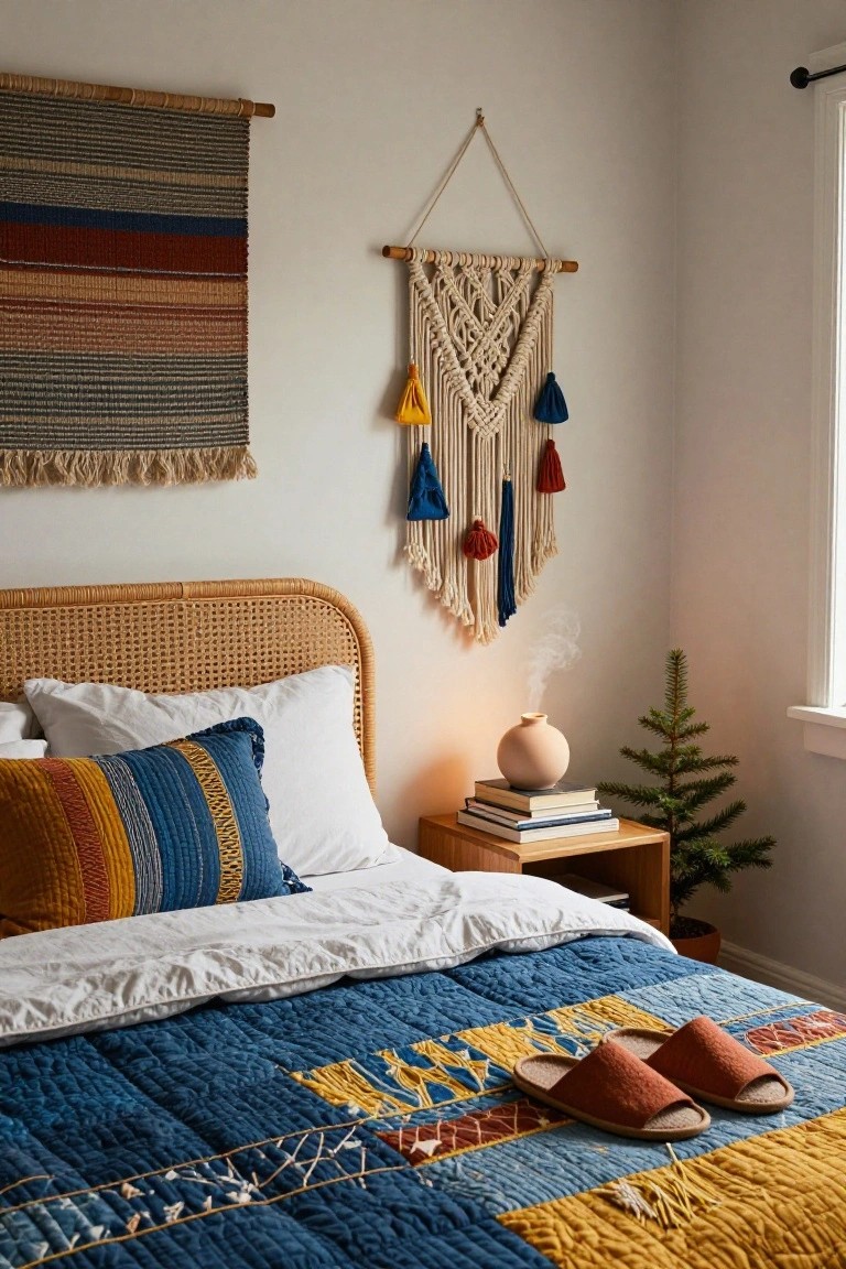 Bedroom corner showing rattan headboard bed with colorful quilted bedding and pillows, macrame and woven wall hangings, wooden nightstand holding books, beige diffuser, and small potted Christmas tree, plus red slippers on the bed.