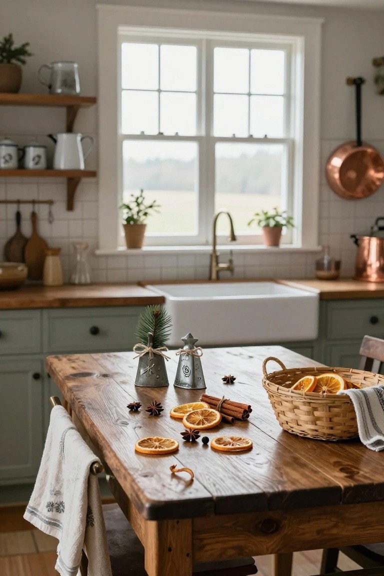 Rustic kitchen table with dried oranges, cinnamon, star anise, and wicker basket.