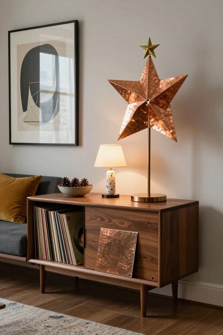 Copper origami-style star sculpture on a walnut sideboard with a white lamp, polka-dot ceramic base, pinecones in a bowl, vinyl records in shelves, mustard pillow on gray sofa, and abstract wall art in a light gray room.