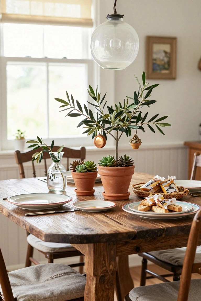 Potted olive tree on a wooden dining table decorated with a small gold bell and hanging terracotta pot as ornaments, surrounded by plates of biscotti, succulents, and olive branches in a light-filled room with white walls and wooden chairs.