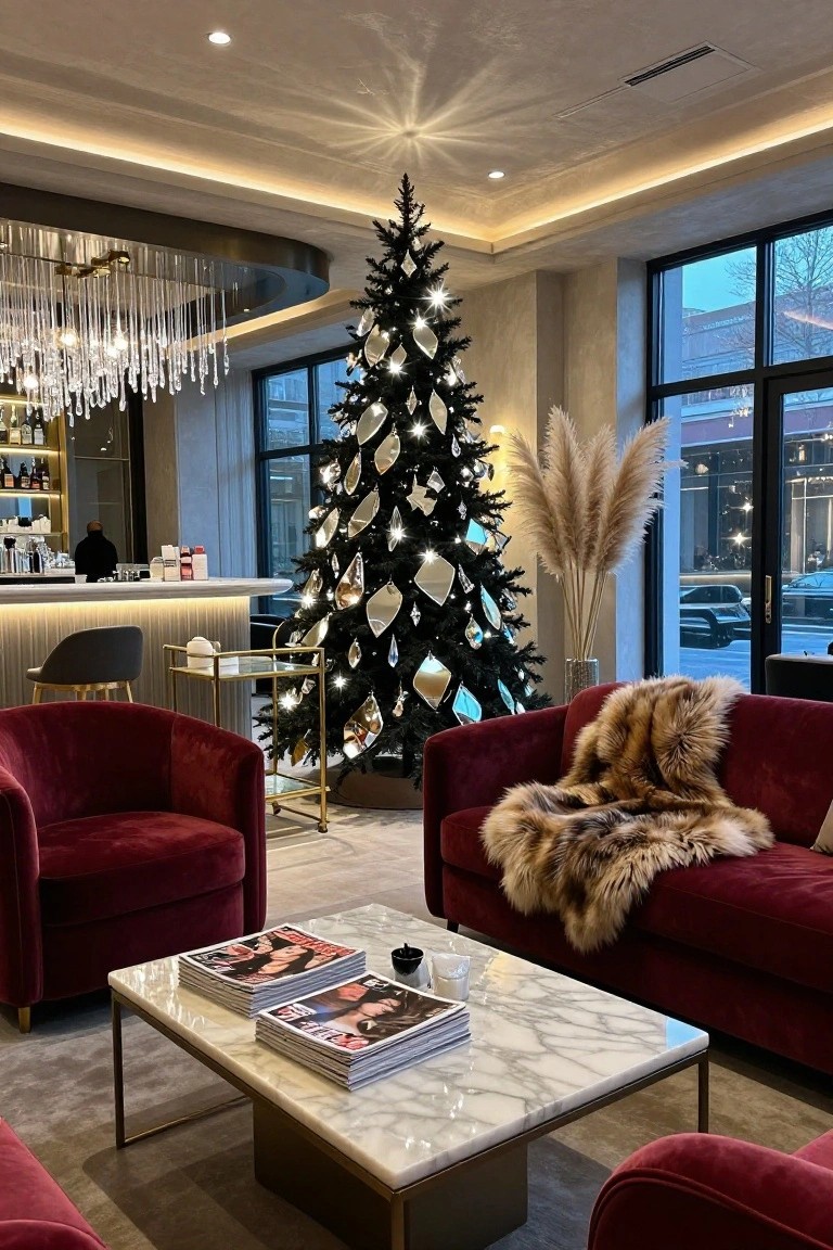 Tall black Christmas tree decorated with large metallic gold, silver, and mirrored teardrop ornaments in a modern lounge with red velvet armchairs, fur throw on sofa, marble coffee table, bar, and large windows.