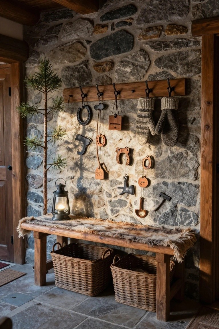 Stone-walled interior entryway with wooden bench covered in fur, two wicker baskets, small potted pine tree, oil lantern, and hooks holding mittens, horseshoes, axes, scoops, and other rustic metal and wooden shapes.
