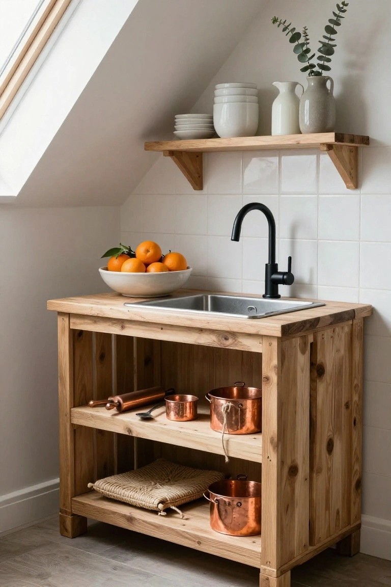 Freestanding wooden cabinet with integrated stainless steel sink and black faucet in a white-tiled alcove under sloped ceiling, bowl of oranges on counter, copper pots and rolling pin on lower shelves, white dishes and eucalyptus on overhead wooden shelf.