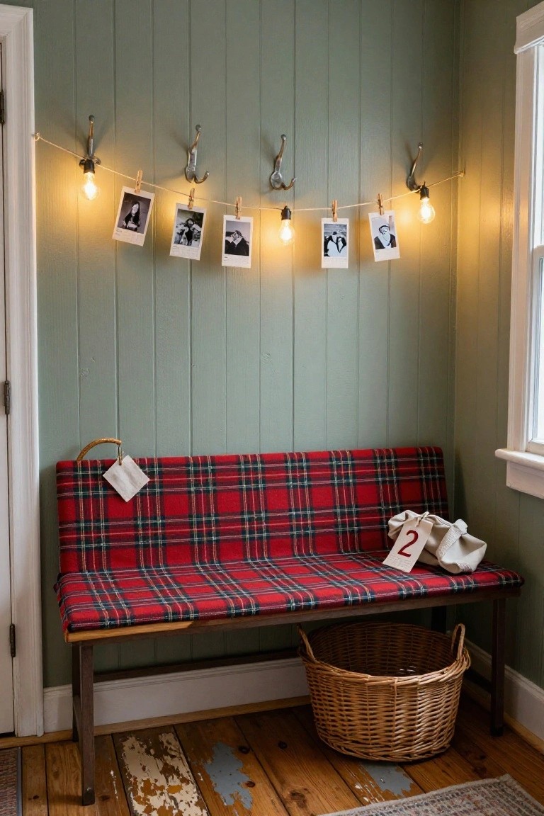 Green shiplap wall corner with a clothesline-style string of Edison bulb lights holding clipped black-and-white polaroid photos, red plaid bench below with a tagged white tote bag and wicker basket underneath, wooden floor with rug.