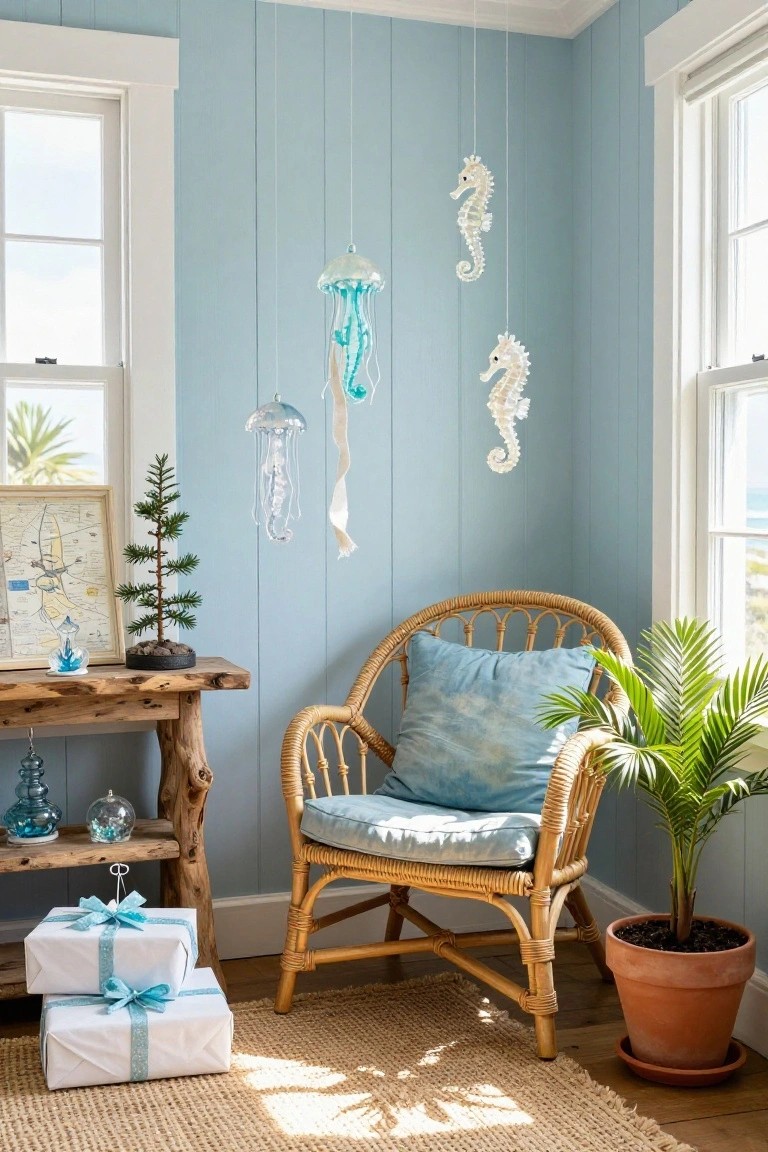 Light blue paneled corner room with two windows showing ocean view, rattan armchair with blue cushions, wooden side table holding bonsai tree wrapped gifts and glass decor, hanging clear jellyfish and seahorse ornaments, potted palm plant, seagrass rug on floor