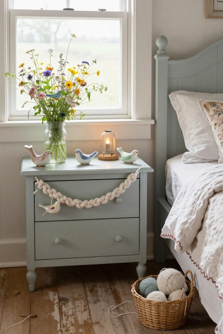Close-up of a mint green wooden nightstand beside a bed, topped with a glass vase of wildflowers, several small ceramic bird figurines, a glass candle holder, and a white rope garland draped with hanging birds, with a wicker basket of yarn balls on the wood floor nearby.