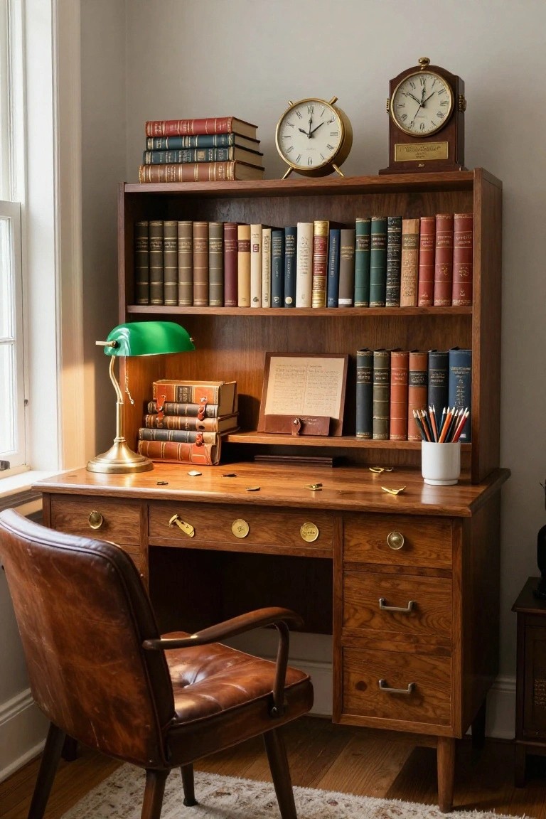 Wooden desk with brass knobs and pulls, leather armchair, and tall matching bookshelves filled with books, green banker's lamp, and two clocks on top shelf in a corner room.