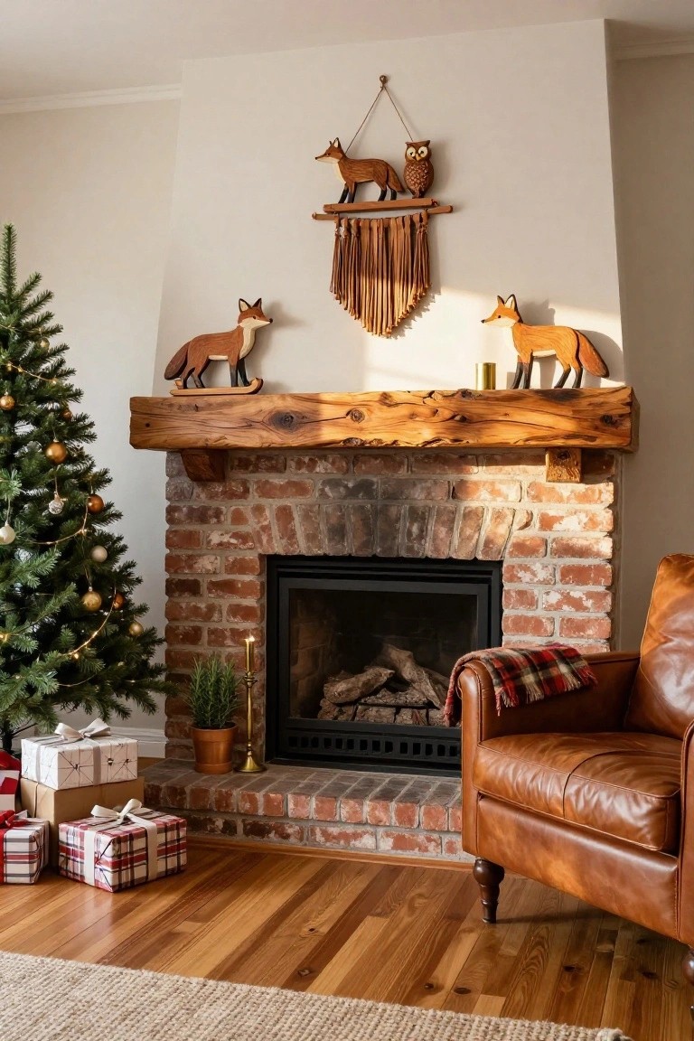 Cozy living room interior featuring a brick fireplace with rustic wooden mantel decorated by carved fox and owl figures, a small Christmas tree with ornaments and lights, wrapped gifts on the floor, and a plaid-draped leather armchair nearby.