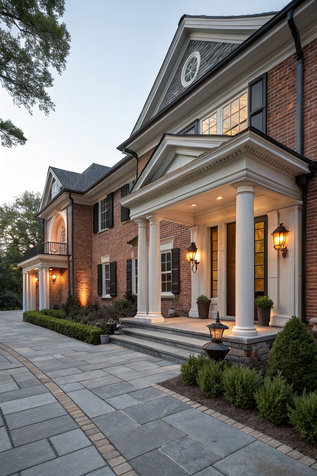 Two-story red brick house exterior at dusk with a white pedimented portico supported by four fluted columns, double doors, sidelights, lanterns, stone steps, boxwood shrubs, and a bluestone driveway.