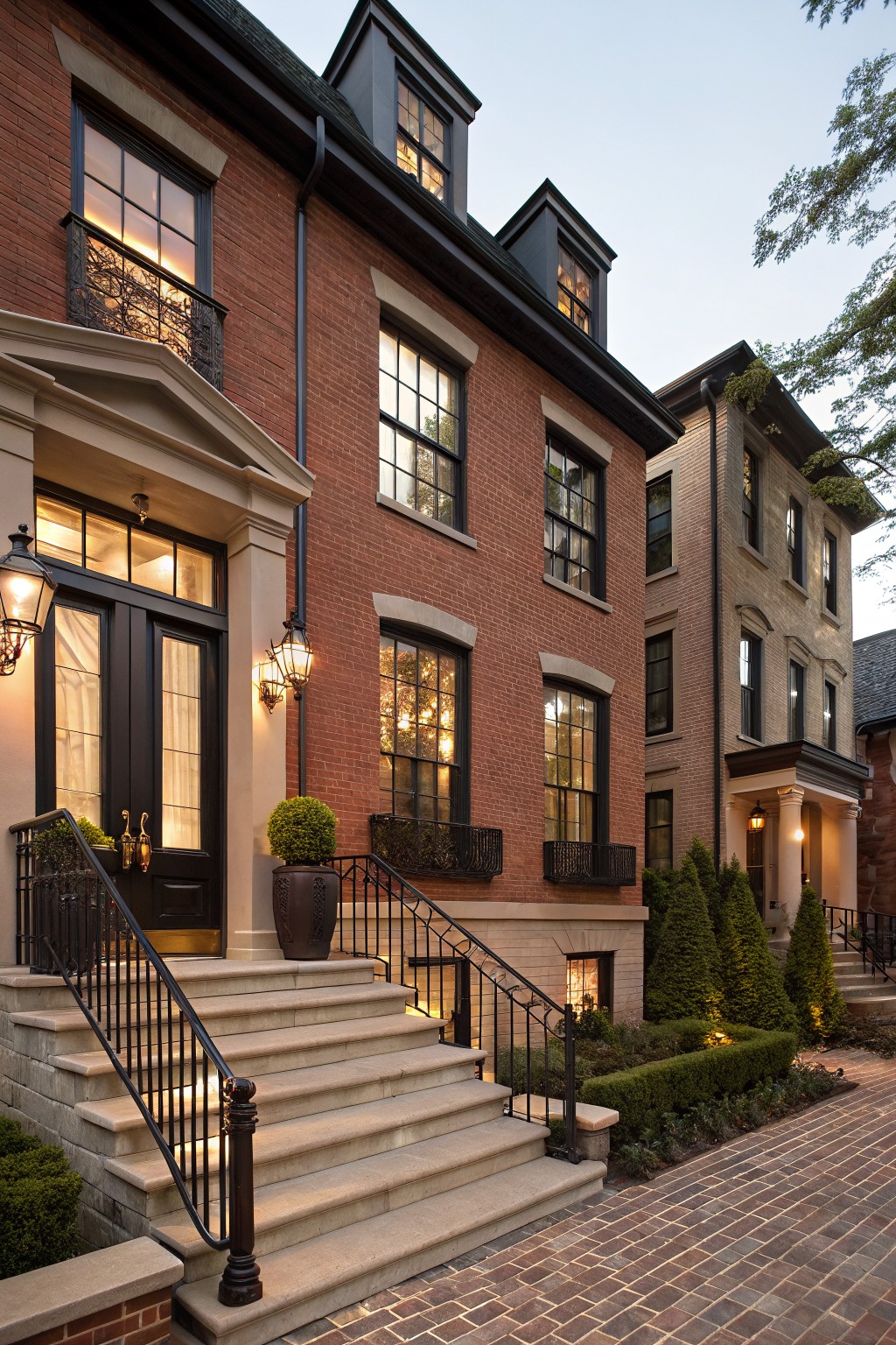 Red brick multi-story house exterior featuring wide light stone steps with black wrought iron railings, lanterns, potted topiary, and dark double doors under a pedimented entryway, adjacent to landscaping and brick path.