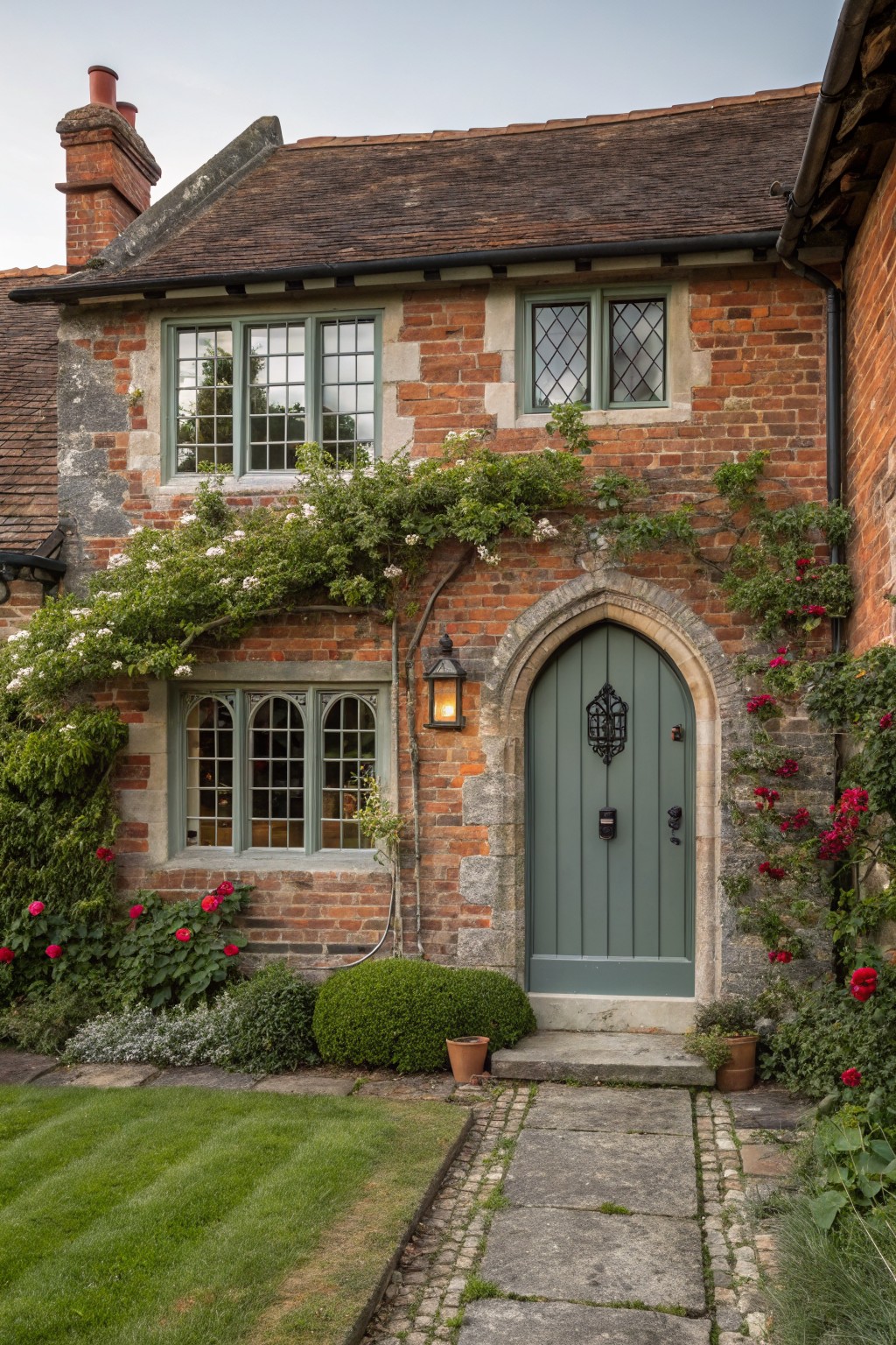 Red brick house exterior with green-framed windows, dark green arched front door with lantern, climbing white roses on the walls, red rose bushes in front, potted plants, stone path, and lawn.