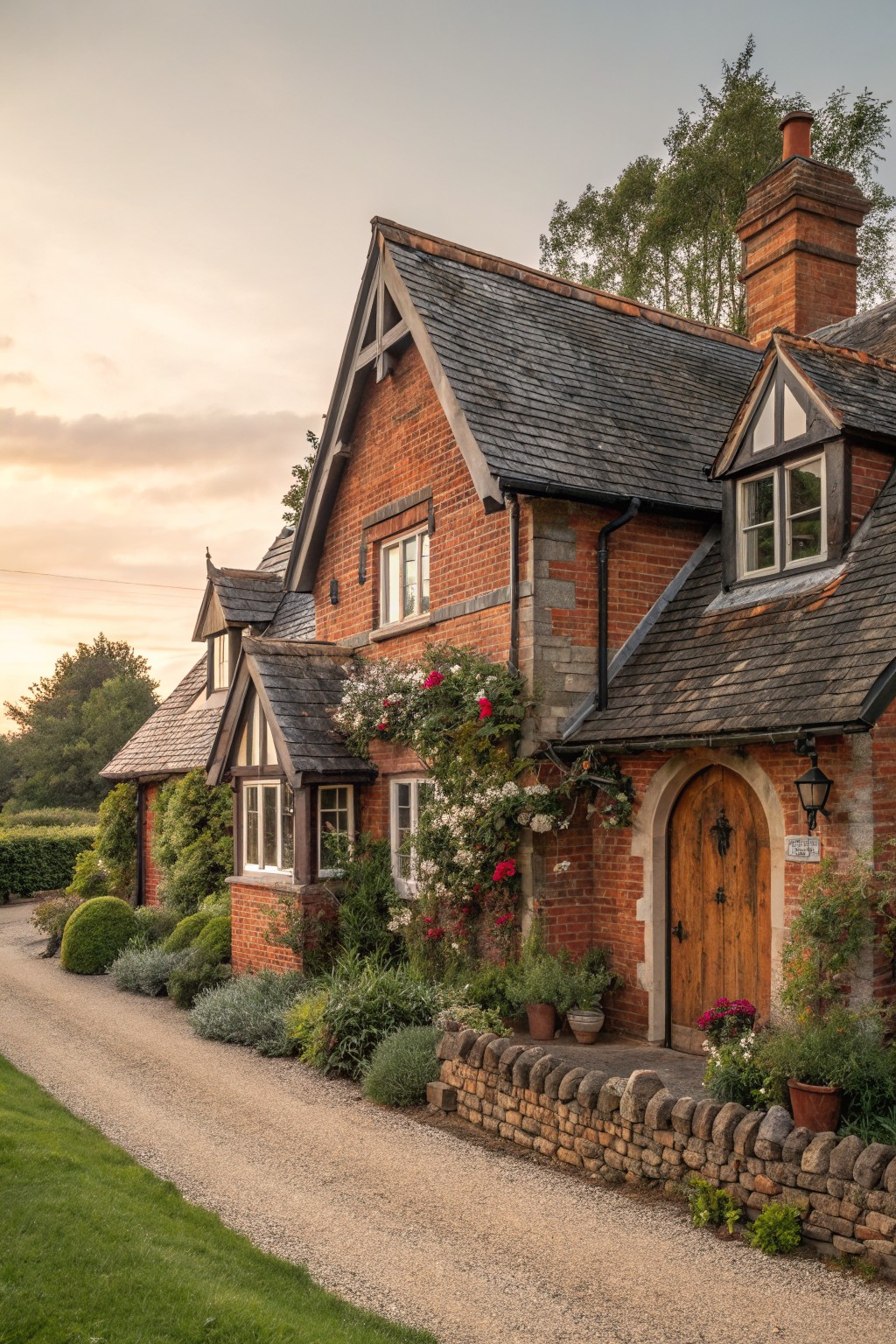 Red brick Tudor-style house exterior with climbing roses on the walls, arched wooden entry door, potted plants, stone wall, gravel path, and surrounding greenery at sunset.