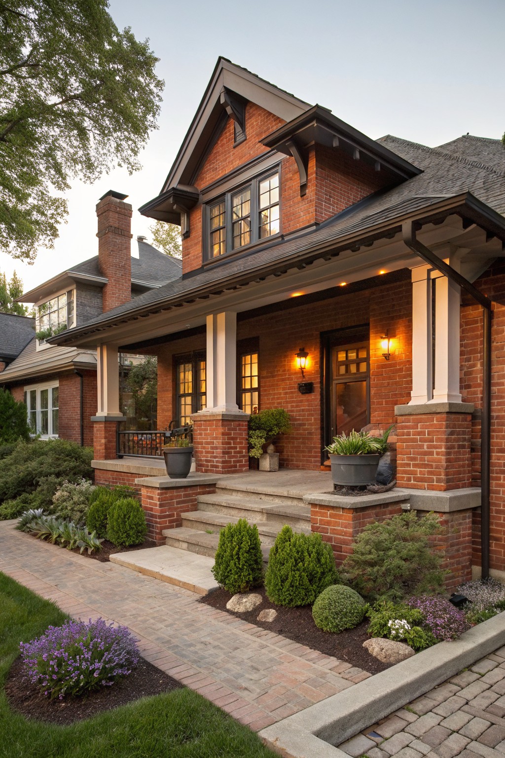 Front exterior view of a two-story red brick house featuring a covered porch with columns, brick steps, paver walkway, landscaped shrubs and plants, and evening lighting.