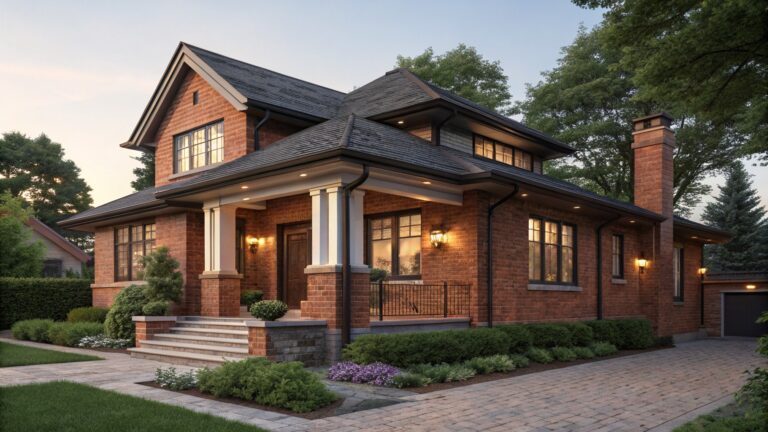 Front exterior view of a two-story red brick house featuring a covered porch with columns, brick steps, paver walkway, landscaped shrubs and plants, and evening lighting.