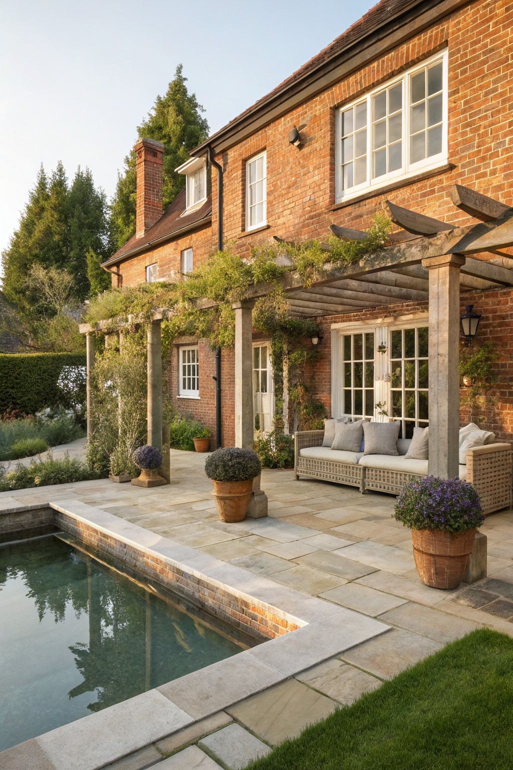 Red brick house exterior with attached wooden pergola covered in green climbing vines, outdoor sofa with cushions, potted plants, and rectangular pool on stone-paved terrace next to lawn and trees.