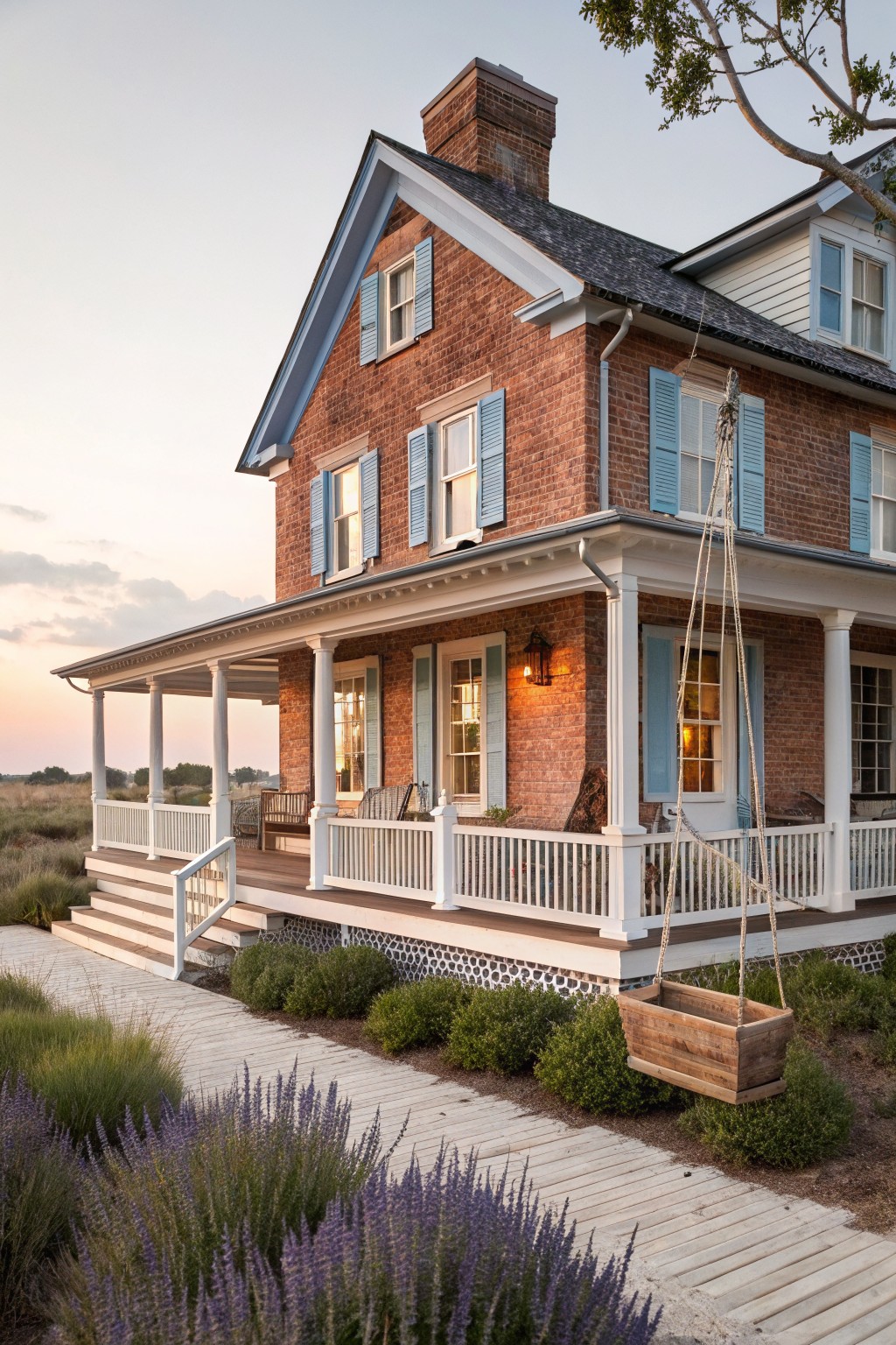 Two-story red brick house exterior with blue shutters, white wraparound porch and columns, hanging wooden planter basket, and surrounding landscaping on a wooden path at dusk.