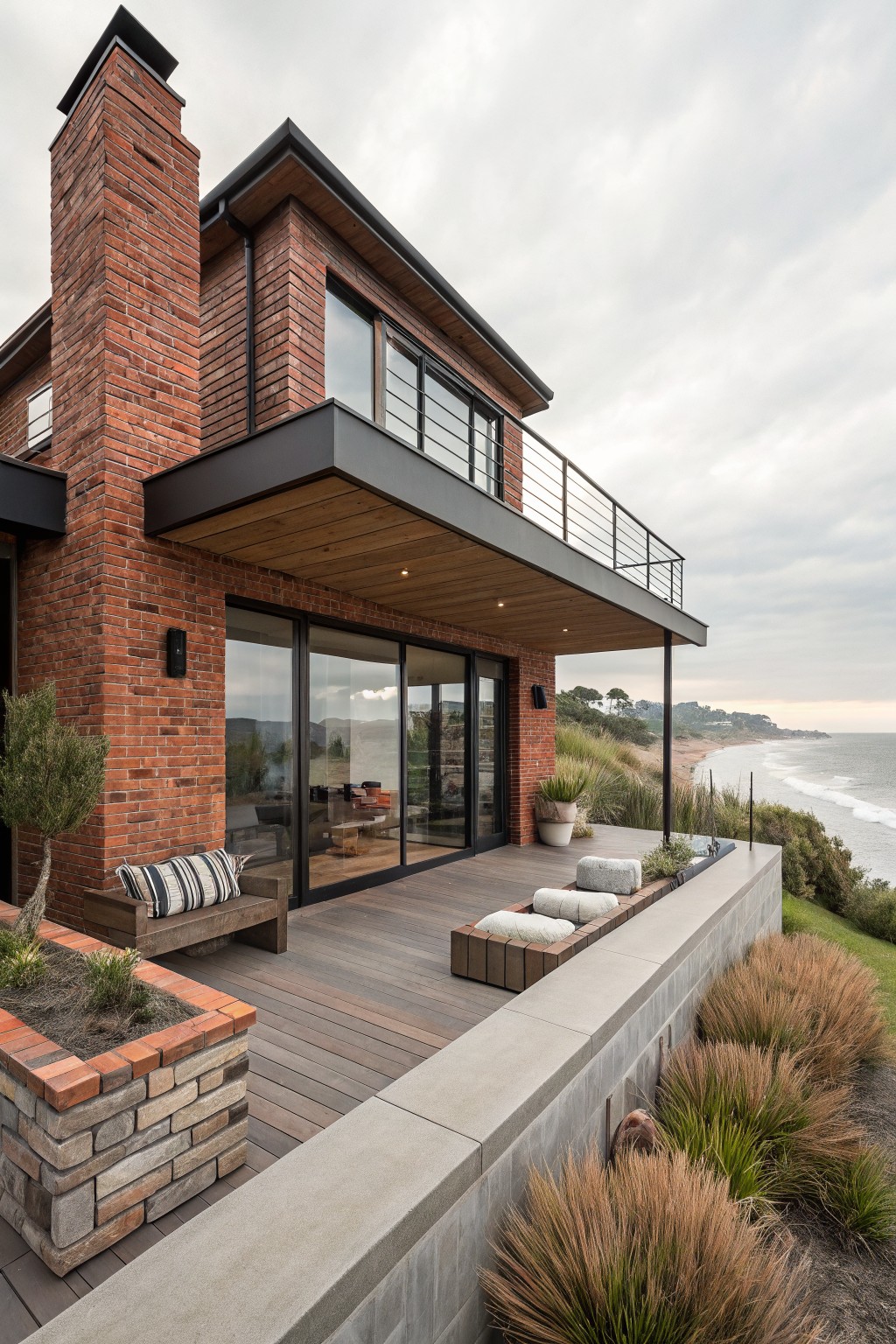 Two-story modern house exterior featuring red brick walls, black metal-framed windows and cantilevered balcony with wood deck, surrounded by low plants and overlooking the ocean.
