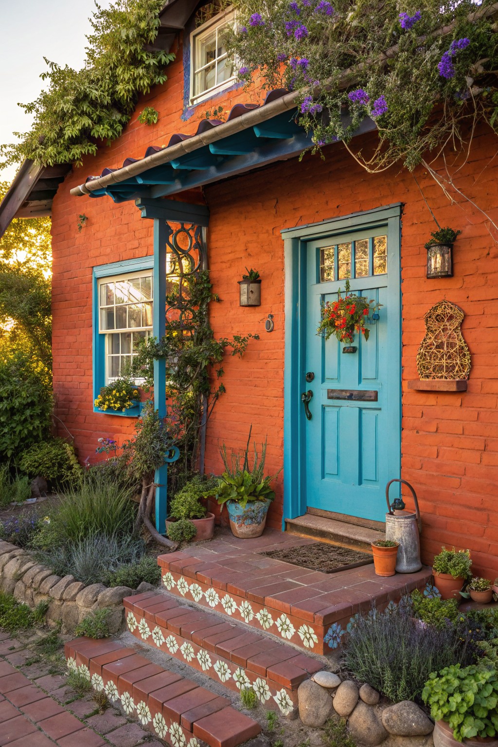 Red brick house exterior featuring a turquoise front door with flower wreath, flanked by windows, climbing vines, potted plants, and brick steps with tile accents.