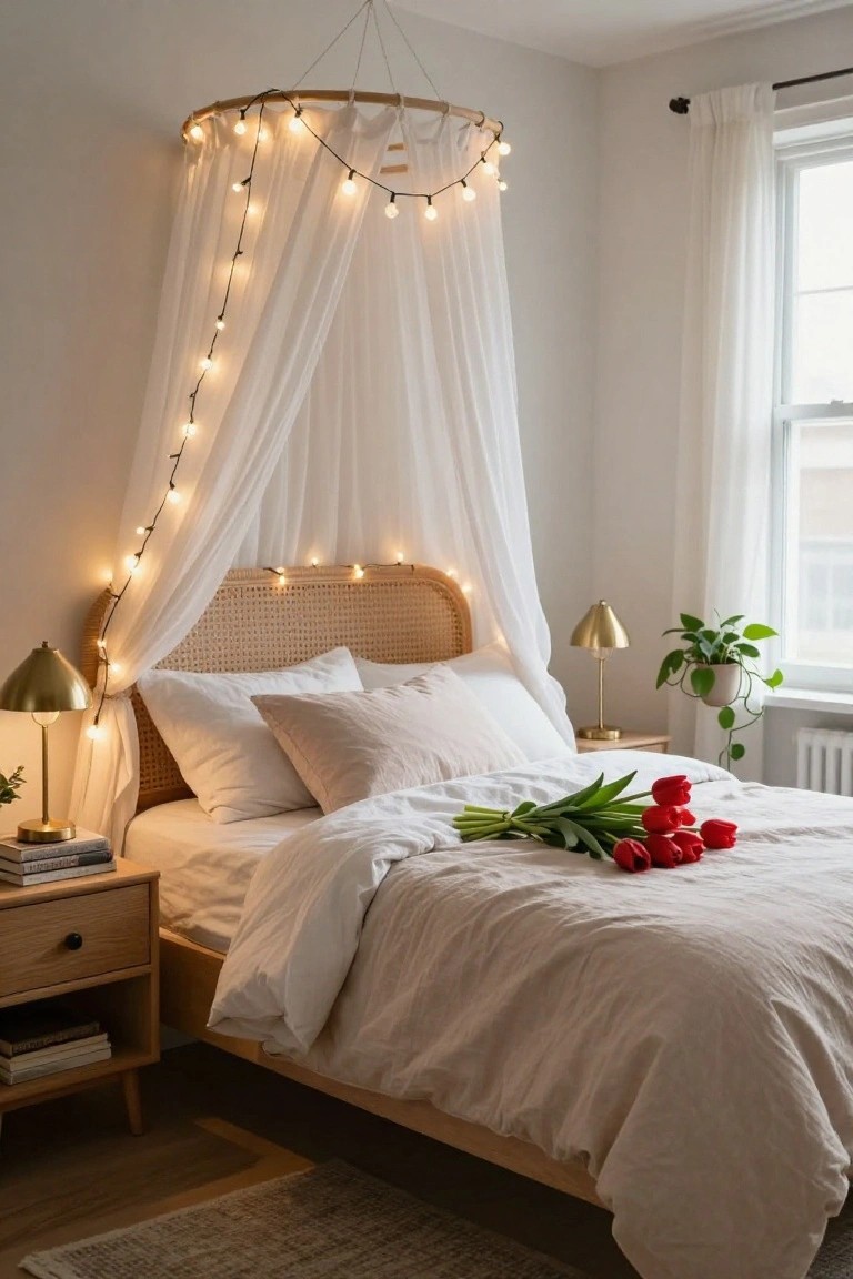 A bedroom with a rattan headboard bed under a white fabric canopy strung with warm bulb lights, red tulips on white bedding, gold lamps on wooden nightstands, and a potted plant near the window.
