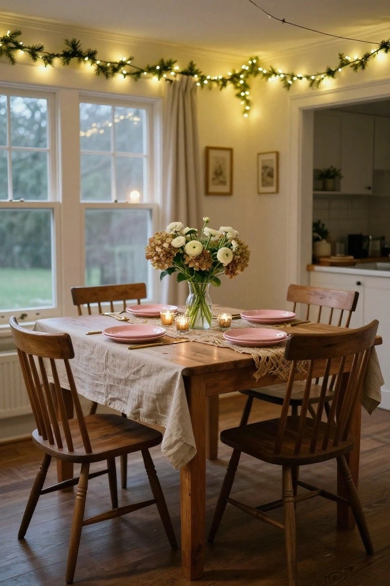 Wooden dining table set with pink plates, gold flatware, candles, and a bouquet of white and pink flowers in a glass vase, under Christmas string lights and pine garland draped along walls and windows in a cozy interior room.