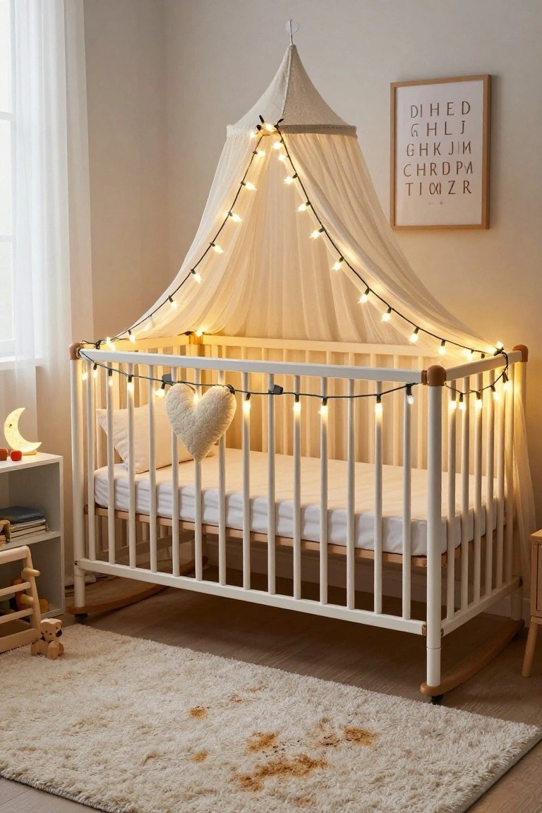 White wooden crib with beige canopy draped in small string lights, heart-shaped pillow inside, moon nightlight and wooden toys on nearby shelves in a light-colored nursery room.