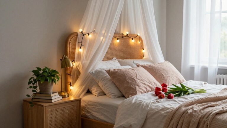 20 Valentine’s Day Lighting Ideas That Reuse Christmas String Lights Beautifully A bedroom with a rattan headboard bed under a white fabric canopy strung with warm bulb lights, red tulips on white bedding, gold lamps on wooden nightstands, and a potted plant near the window.