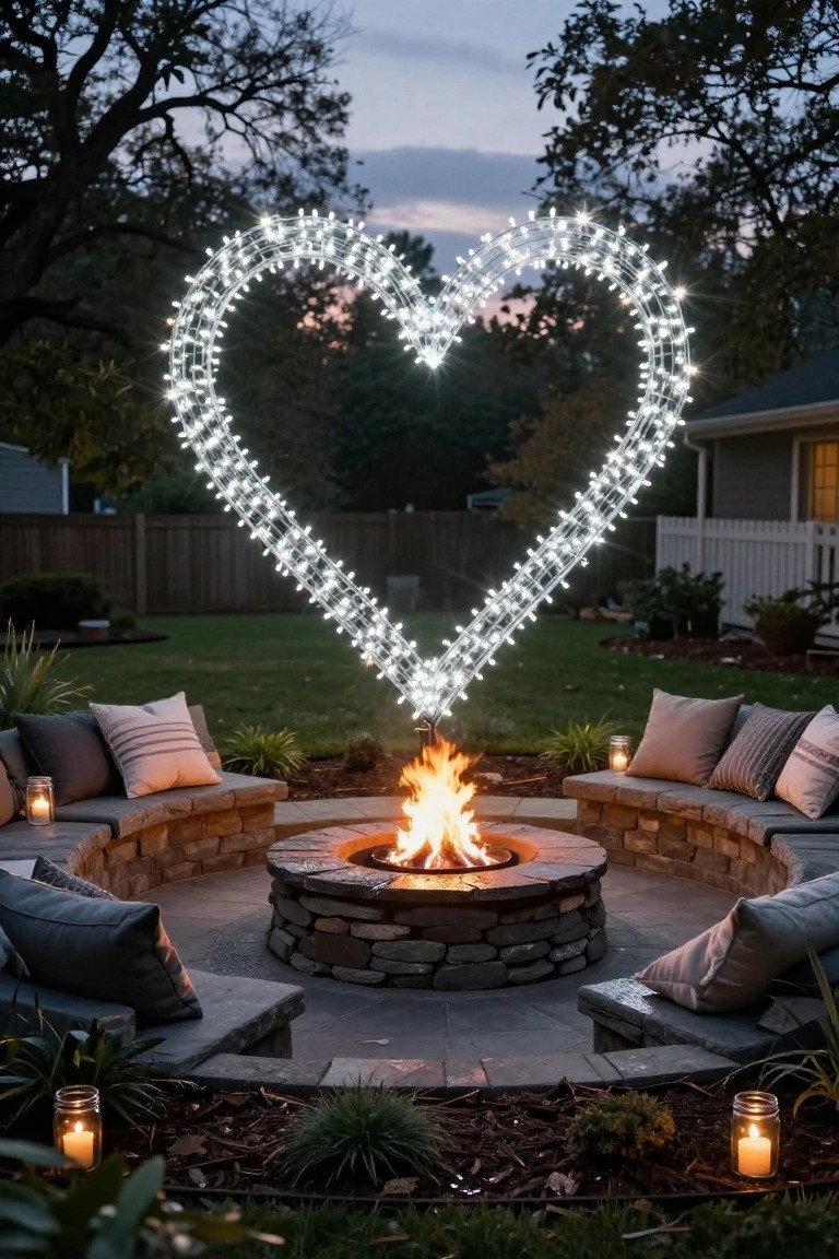 Tall heart-shaped frame of white string lights positioned over a circular stone fire pit with cushioned benches, mason jar lanterns on the ground, trees and fence in the backyard at dusk.