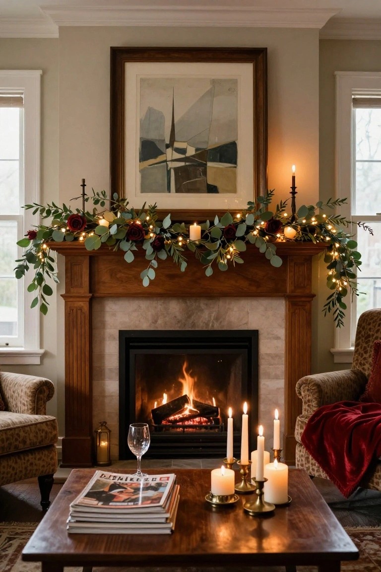 Living room with fireplace mantel decorated by eucalyptus garland, red roses, string lights, and candles, plus armchairs, coffee table with magazines and candles, and wall art above.