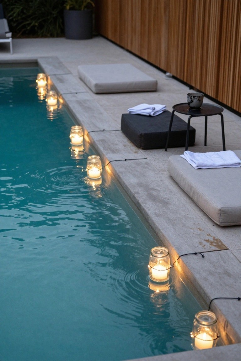 Turquoise pool at dusk with string lights inside mason jar lanterns lined along the concrete edge, flanked by beige cushions, black stools, white towels, and a small metal table with a cup.