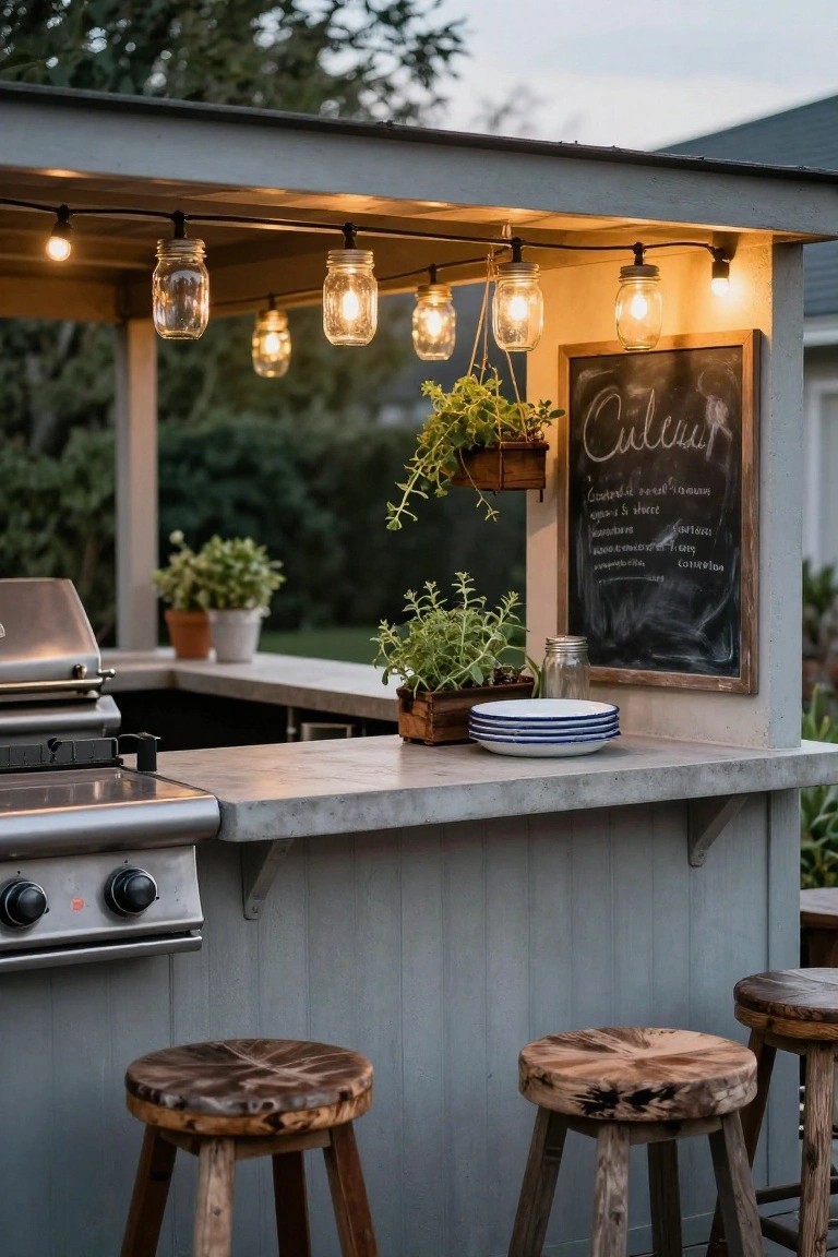 Outdoor bar with concrete counter, built-in gas grill, wooden stools, hanging mason jar string lights overhead, potted herbs, and chalkboard sign on a gray wood structure.