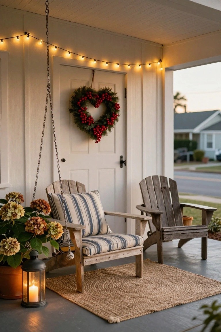 White shiplap porch with Adirondack chairs on a rug, potted hydrangeas, a lantern, heart-shaped wreath on the door, and string lights hanging from chains along the ceiling at dusk.