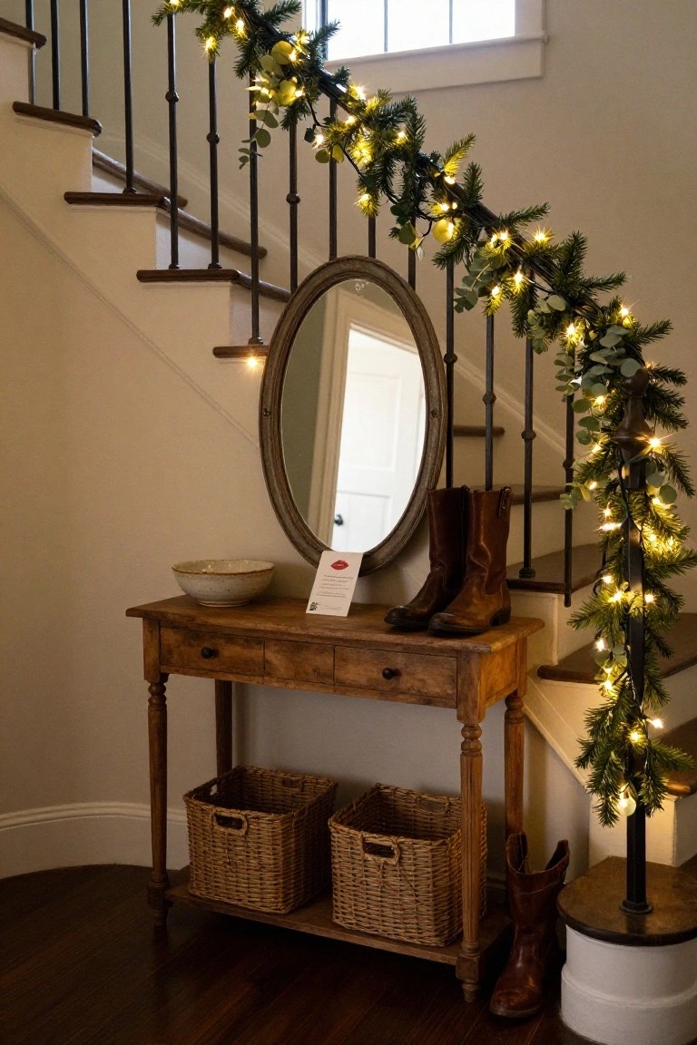 Entryway staircase with black iron banister wrapped in evergreen garland and warm white string lights, wooden console table with boots, baskets, bowl, and oval mirror nearby.