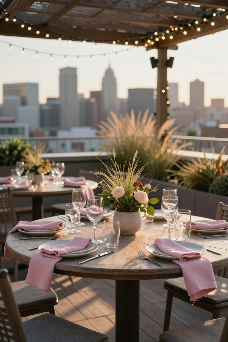 Rooftop terrace with a round wooden dining table set with pink napkins, glassware, plates, and a flower centerpiece under a wooden pergola strung with small white lights, surrounded by potted grasses and overlooking a city skyline at sunset.