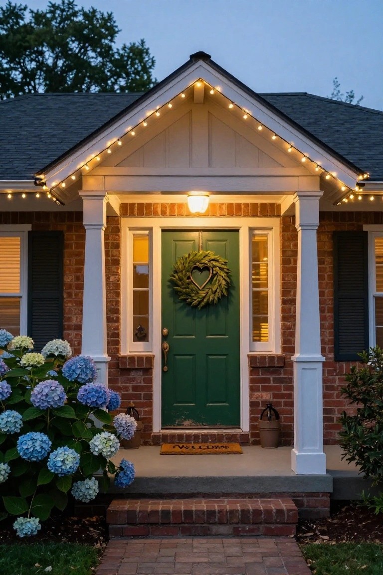 Front exterior of a brick house at dusk with green door, heart-shaped wreath, white porch columns, string lights along the gable and roofline, hydrangea bushes nearby, and a welcome mat.