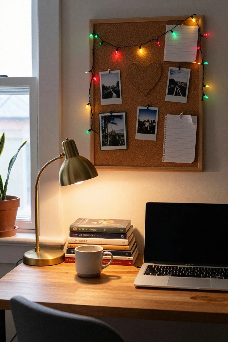 A corkboard on a bedroom wall framed by colorful string lights with pinned photos, notes, a heart cutout, and clips, next to a wooden desk holding a laptop, stacked books, white mug, gold desk lamp, potted plant, and window.
