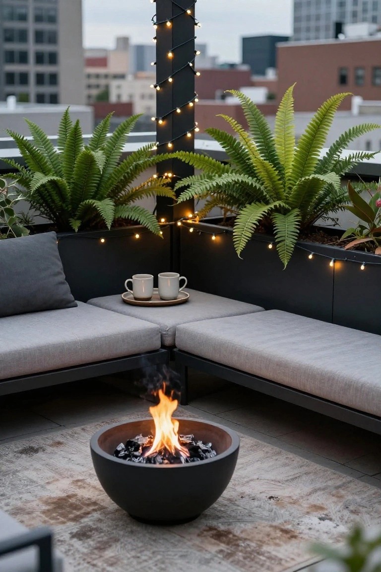 Rooftop balcony featuring L-shaped gray outdoor sofa, round black concrete fire pit with flames, large ferns in black planters wrapped with white string lights, tray with two white mugs, and city skyline view.