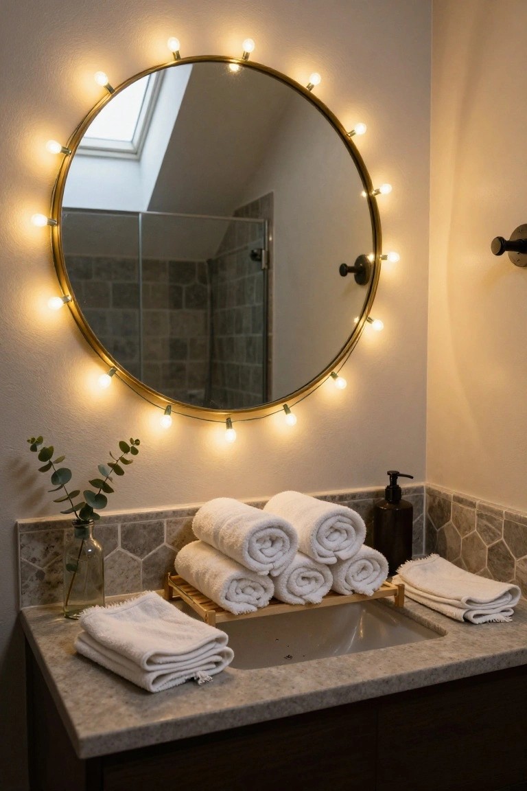 String Lights Around the Bathroom Mirror