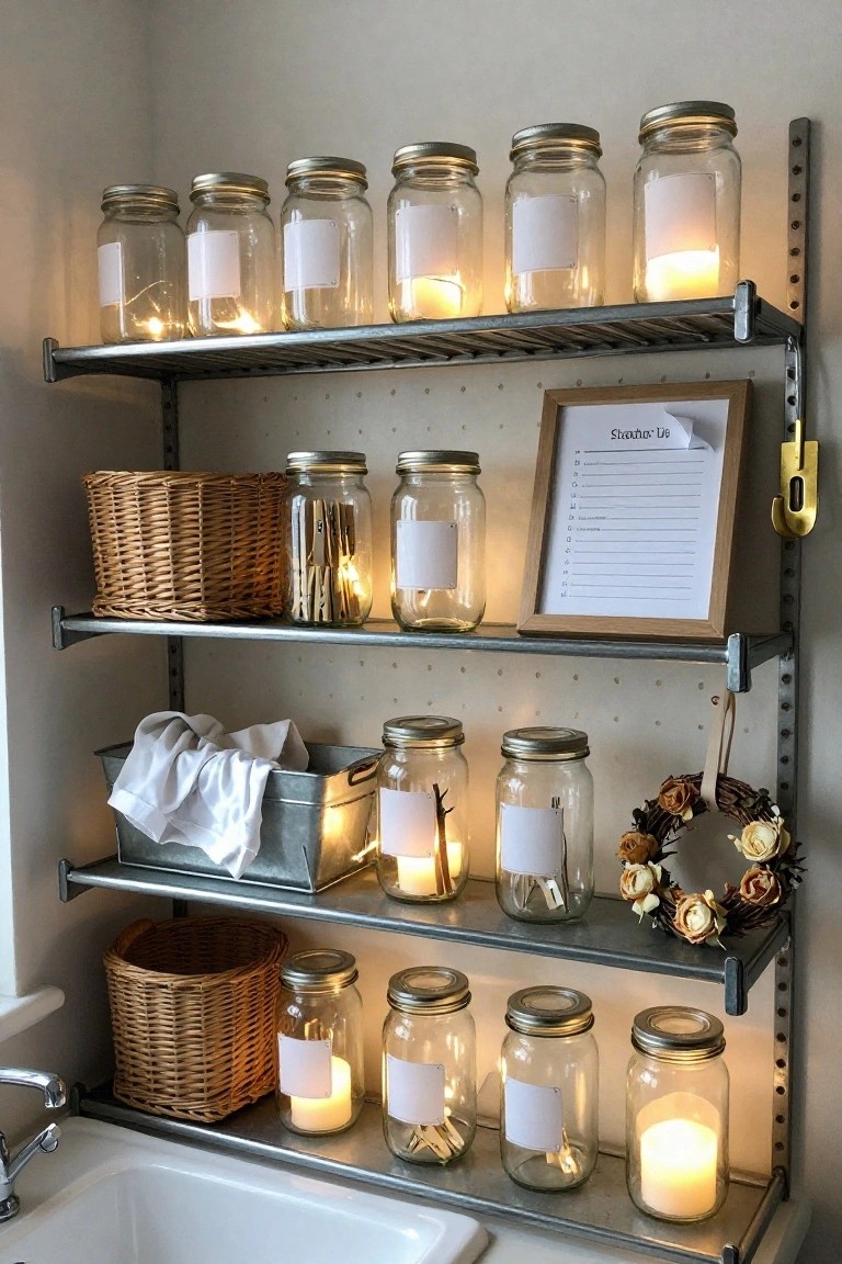 Gray metal shelving unit mounted on a white wall in a laundry room, holding multiple clear glass jars with fairy lights and candles inside, wicker baskets, galvanized trays, labeled jars, a shopping list frame, and a small wreath.