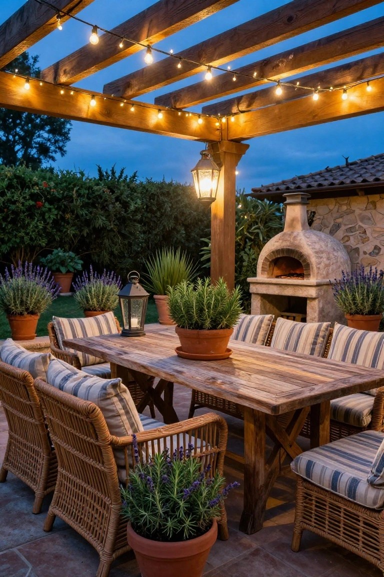 Wooden pergola strung with warm white string lights over a rustic dining table with wicker chairs, potted lavender and rosemary plants, lanterns, and a stone pizza oven on a tiled outdoor patio at dusk.