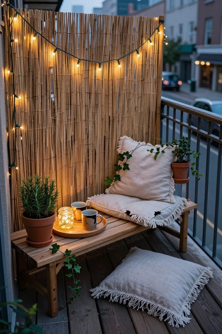 Balcony corner featuring a wooden bench with beige cushions and pillows, potted rosemary and ivy plants, two mugs on a tray, and string lights wrapped around a tall bamboo privacy screen at dusk with urban street view in background.