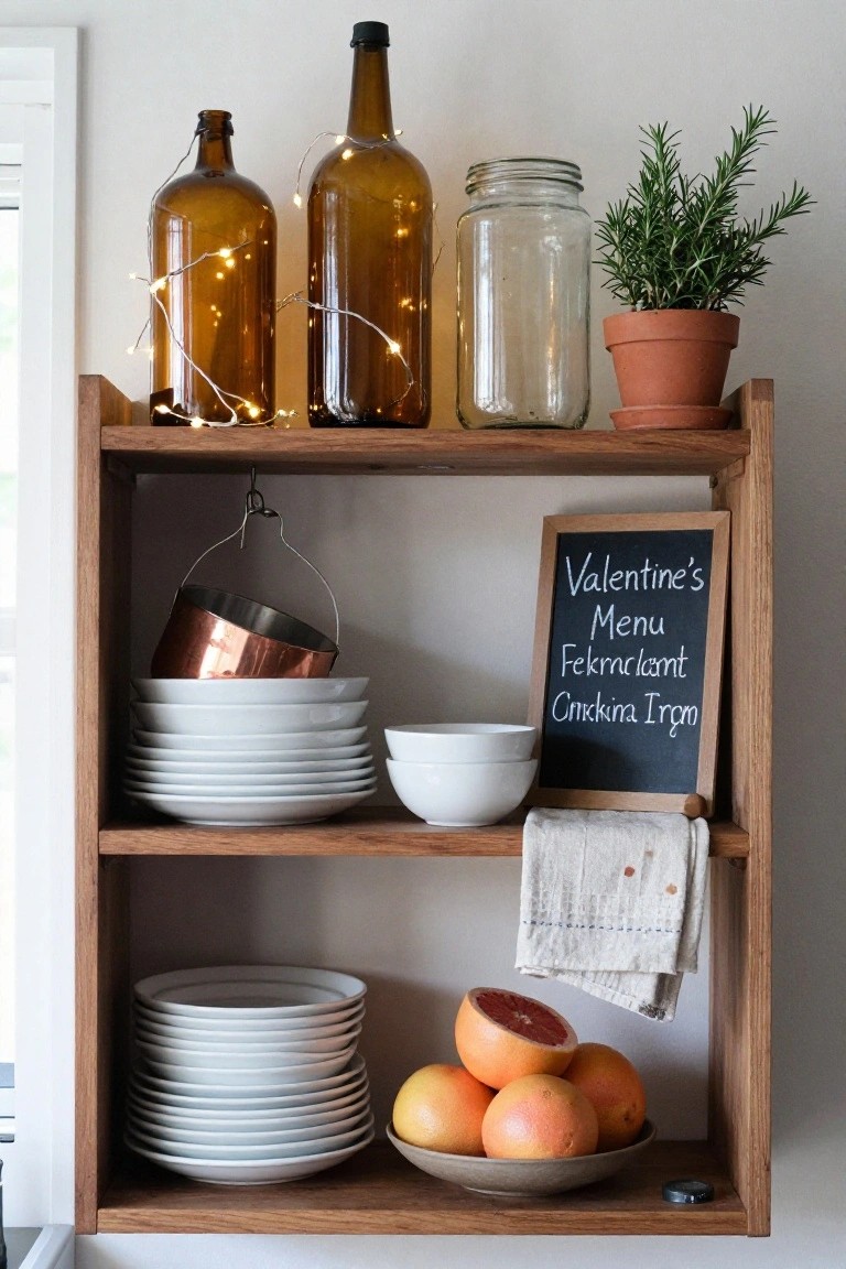 Wooden wall-mounted shelf in a kitchen displaying brown glass bottles wrapped in string lights, stacked white plates, copper pot, white bowls, oranges in a dish, rosemary plant in terracotta pot, glass jar, linen towel, and framed chalkboard with Valentine's menu written on it.