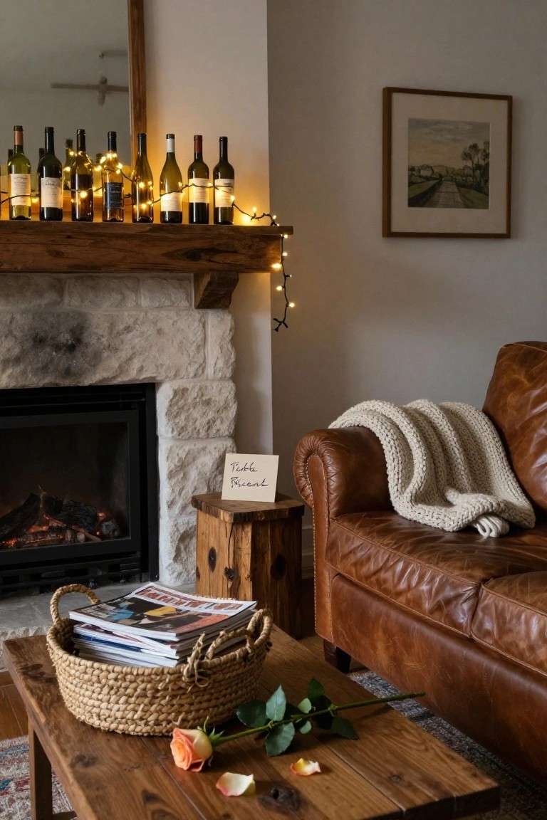 Living room interior featuring a stone fireplace with wooden mantel holding wine bottles wrapped in string lights, a leather sofa with throw blanket, wooden coffee table with stacked magazines and a single peach rose in a wicker basket, and a small side table with a handwritten note.
