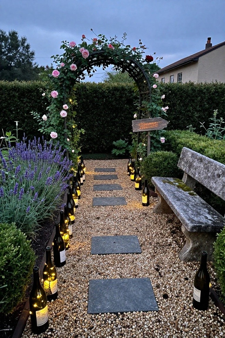 Garden path of gravel and stone steps lined with green wine bottles containing glowing string lights, flanked by lavender plants and boxwood shrubs, with a rose-covered metal archway, wooden sign, and stone bench nearby at twilight.